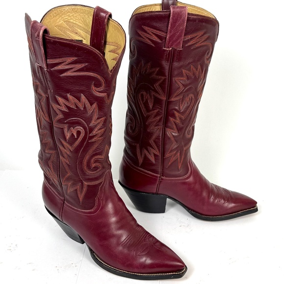 Handmade Austin-Hall Cowboy Boots - Wmns Sz 9B - Burgundy 14" Tall Pointy Toe - Picture 14 of 16
